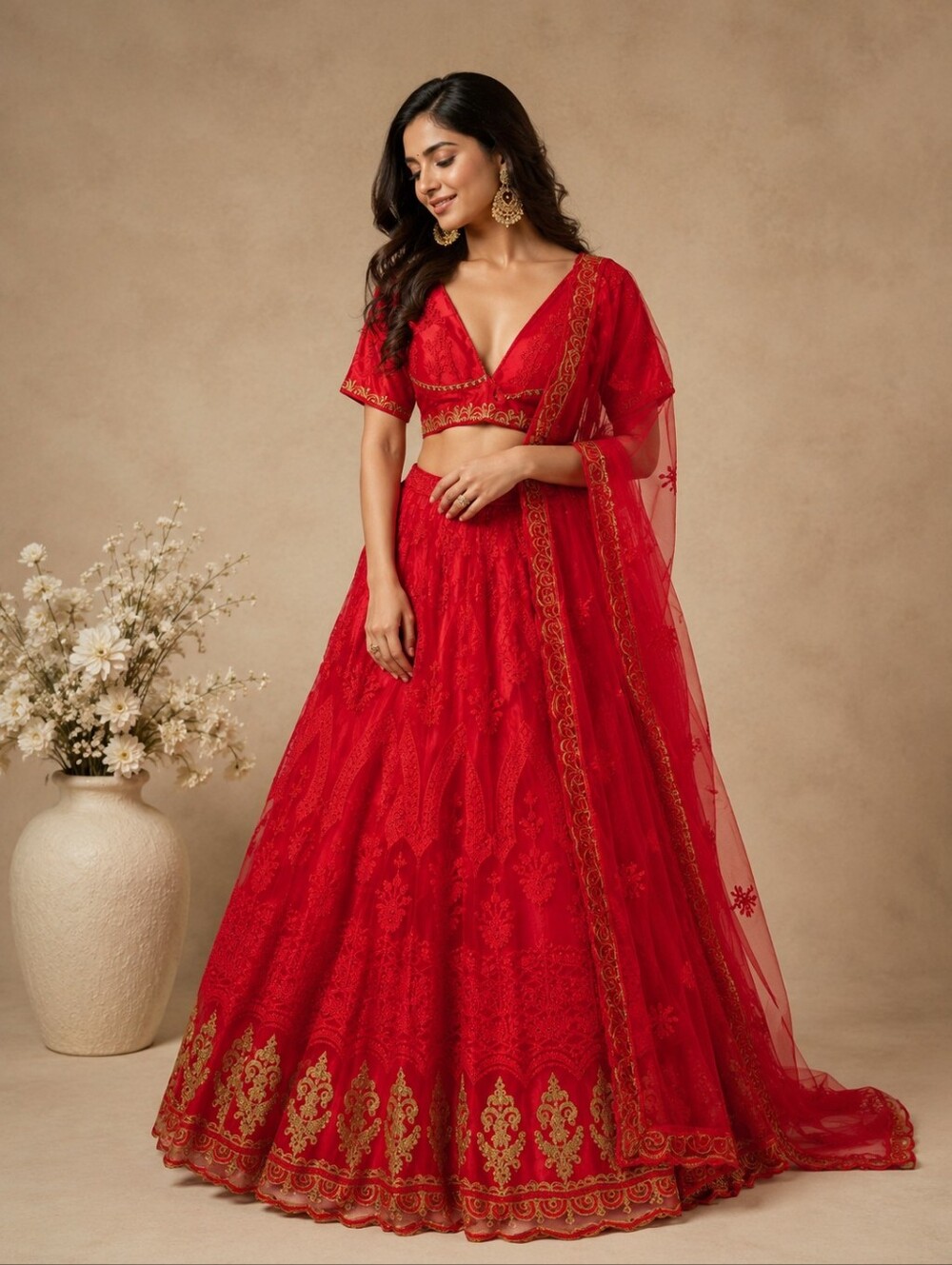 Elegant Red Embroidered Lehenga with Gold Detailing